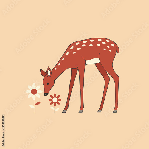 Hand drawn flat illustration of a cute red deer with white spots smelling spring flowers on a warm beige background for kids design