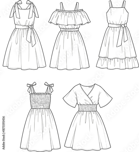 Set of summer dress sketches for women, various styles including off-shoulder wrap and strappy sun dresses, fashion cad technical drawing.