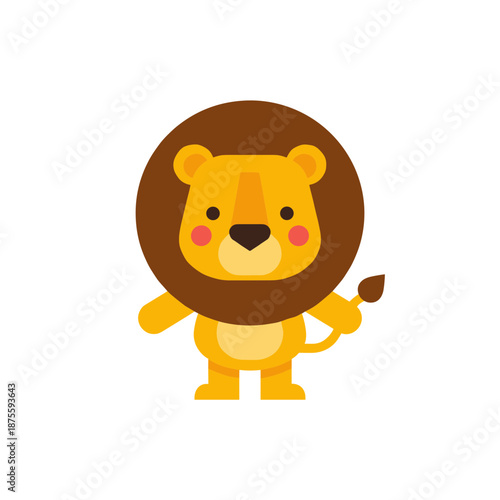 Cute baby lion character with a brown mane standing forward facing for children nursery illustration and educational material on a white background