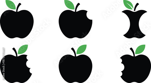 PrintApple silhouette icon set featuring whole fruit, bitten apple, and core shapes with green leaves for healthy food logo design, icons