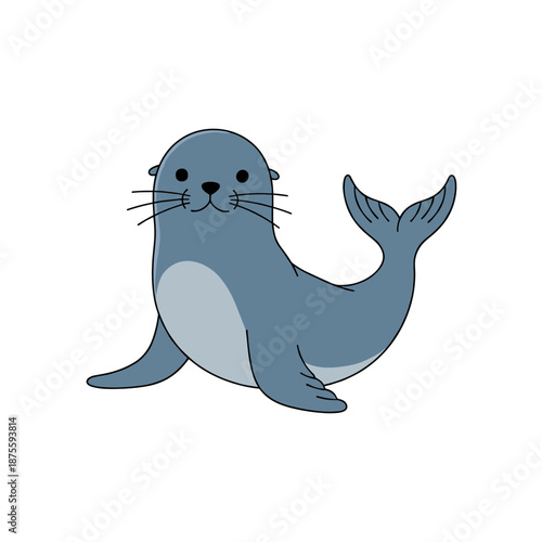 Adorable blue seal or sea lion character with whiskers and flippers smiling, cute marine animal illustration for kids isolated on white background.