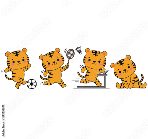 Cute tiger character set performing sports and exercises including football, badminton, treadmill and resting, funny athlete animal vector collection.