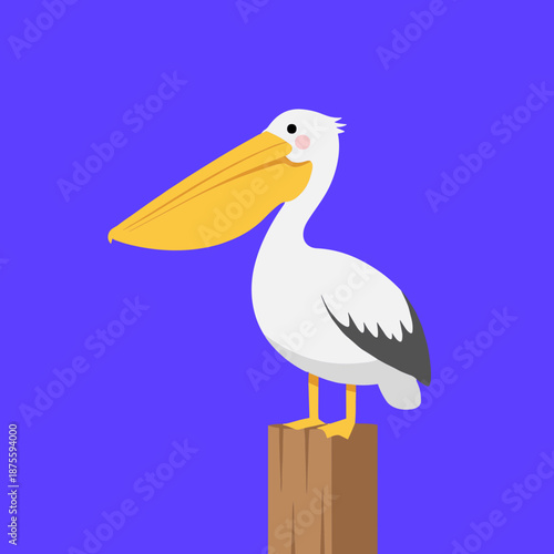 Pelican Sitting on a Wooden Pier Post Illustration, Coastal Sea Bird Character Design, Minimalist Marine Wildlife Vector Art on Blue Background