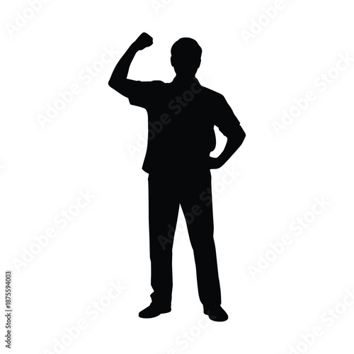 Black silhouette of a man flexing one arm strong confident vector illustration isolated on white background.