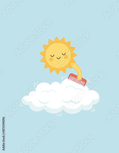 Cheerful sun character combing a soft white cloud in a clear blue sky creative weather concept vector illustration for kids education