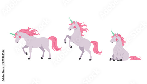 Magical Purple Unicorn Set in Different Poses, Beautiful Fantasy Creatures Standing and Sitting Vector Illustration for Princess Nursery Decor