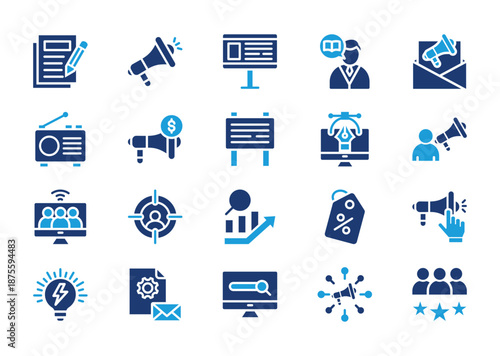 Advertisement thin solid icon set. Containing copywriting, megaphone, ad campaign, billboard, storytelling