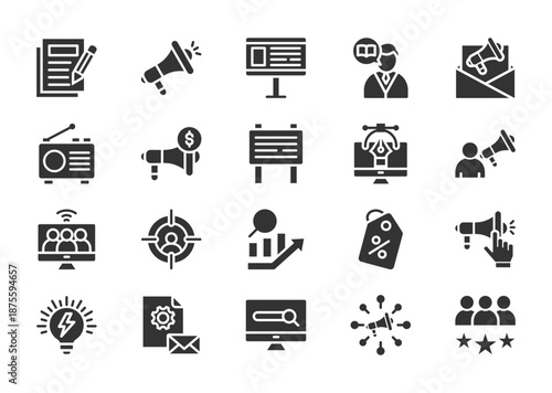 Advertisement thin glyph icon set. Containing copywriting, megaphone, ad campaign, billboard, storytelling