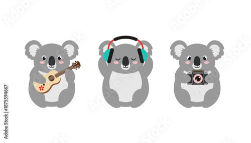 Cute koala bears characters set playing guitar listening to music with headphones and taking photos with camera flat vector illustration for kids