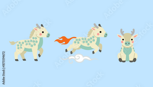 Set of Three Cute Qilin or Kirin Characters, Traditional Chinese Mythical Creature Illustration, Fantasy Animal Mascot in Kawaii Style Design