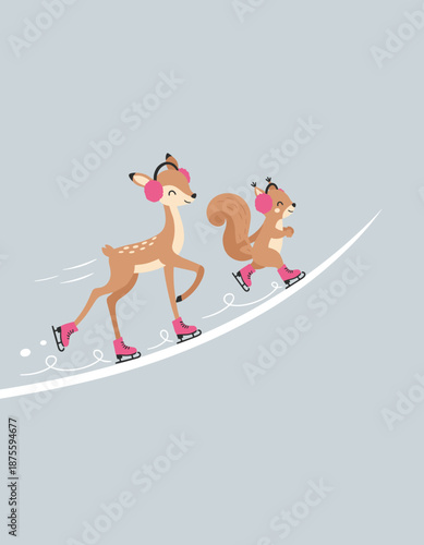 Cute baby deer and squirrel ice skating on snow trail wearing pink earmuffs and winter boots festive seasonal winter vector illustration for kids