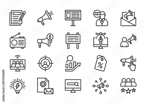 Advertisement thin line icon set. Containing copywriting, megaphone, ad campaign, billboard, storytelling