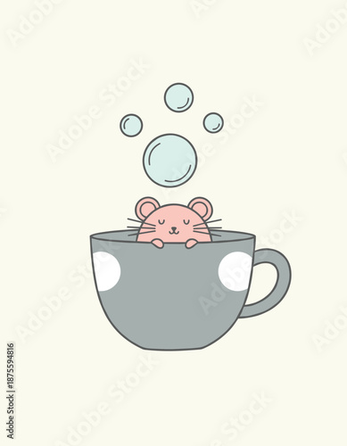 Cute little pink mouse peeking out of a grey polka dot teacup with bubbles floating above tea time concept vector illustration for kids nursery