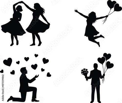 PrintBlack silhouettes of couples dancing, a woman jumping with balloons, a man proposing, and a man holding flowers and balloons.