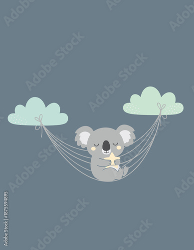 Adorable Koala Sleeping in a String Hammock Tied to Clouds Holding a Star for Sweet Dreams Lullaby and Bedtime Story Illustration