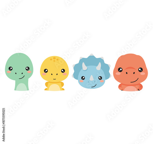 Set of four cute baby dinosaur head portraits including triceratops and tyrannosaurus, flat cartoon characters for kids design or stickers