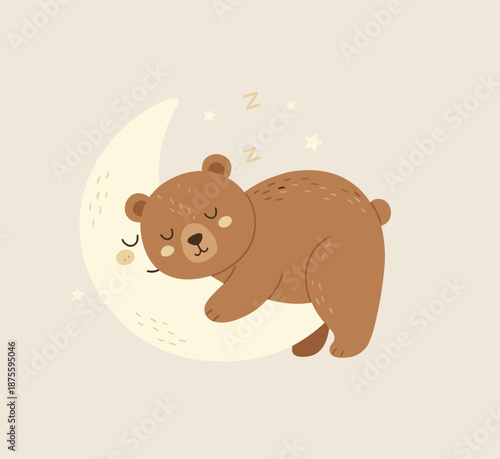 Cute brown bear sleeping peacefully on a crescent moon surrounded by stars and zzz symbols, bedtime nursery concept vector illustration