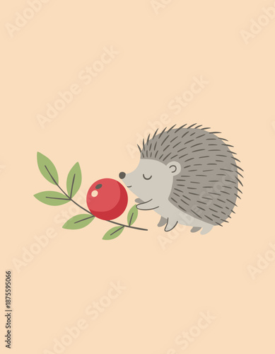 Small cute hedgehog smelling a red berry on a green leaf branch, autumn nature concept flat cartoon vector illustration for kids