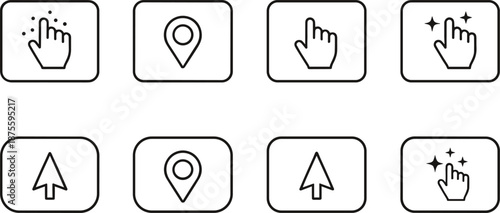 Minimal UI icon vector set featuring cursor arrows, hand pointers, touch gestures, and location markers in clean outline style