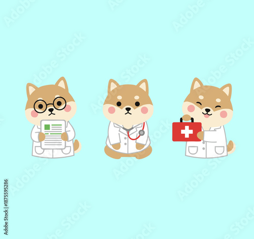 Group of Three Shiba Inu Dog Doctor Characters with Medical Report Stethoscope and First Aid Kit for Healthcare and Veterinary Services