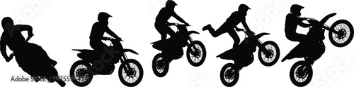 PrintBlack silhouettes of motocross riders performing stunts, jumping, wheelie, racing, and dirt bike freestyle tricks isolated on white background, sport.
