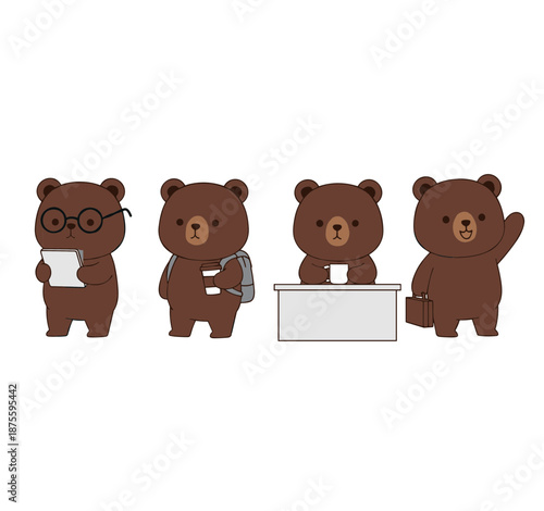 Professional brown bear character daily office life set including reading working with coffee and carrying a briefcase flat cartoon vector