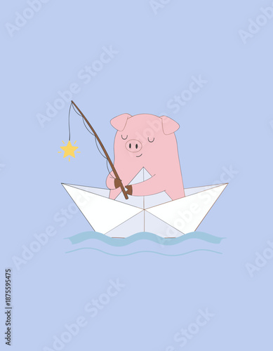 Cute pink pig character sitting in a white paper boat and fishing for a bright yellow star in the blue sea, whimsical cartoon illustration