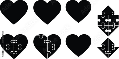 Heart and puzzle-heart vector set featuring solid love symbols and interconnected jigsaw pieces for romantic and emotional designs