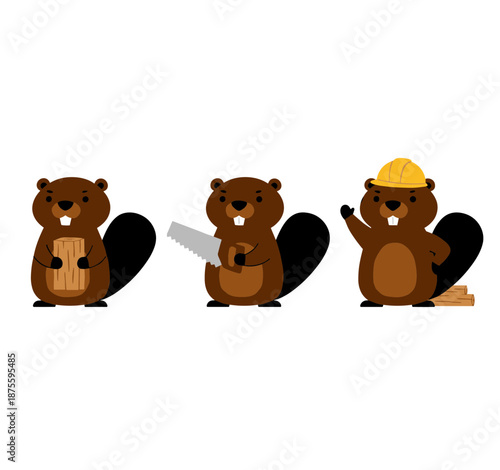 Hardworking beaver builder character set holding log using hand saw and wearing yellow hard hat for construction concept flat vector
