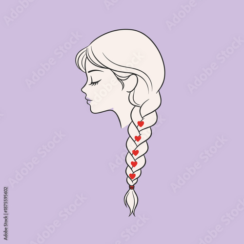 Beautiful profile of a young girl with long blonde hair braid decorated with red hearts for Valentines day and romantic beauty concept