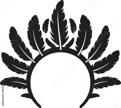 Black feather headdress or headband with feathers arranged around a circular frame isolated