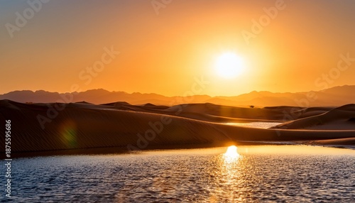 Serene Desert Scene With Sun Rising Over Sand Dunes Casting Warm Light On Tranquil Water Vibrant Colors Create Peaceful Atmosphere