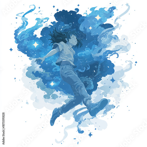 Whimsical Vector Illustration of a Female Figure Falling from the Clouds for T-Shirt and Print Design