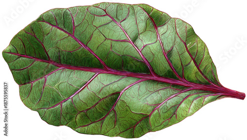 Close-up of a vibrant, digitally enhanced leaf with red veins against a transparent background