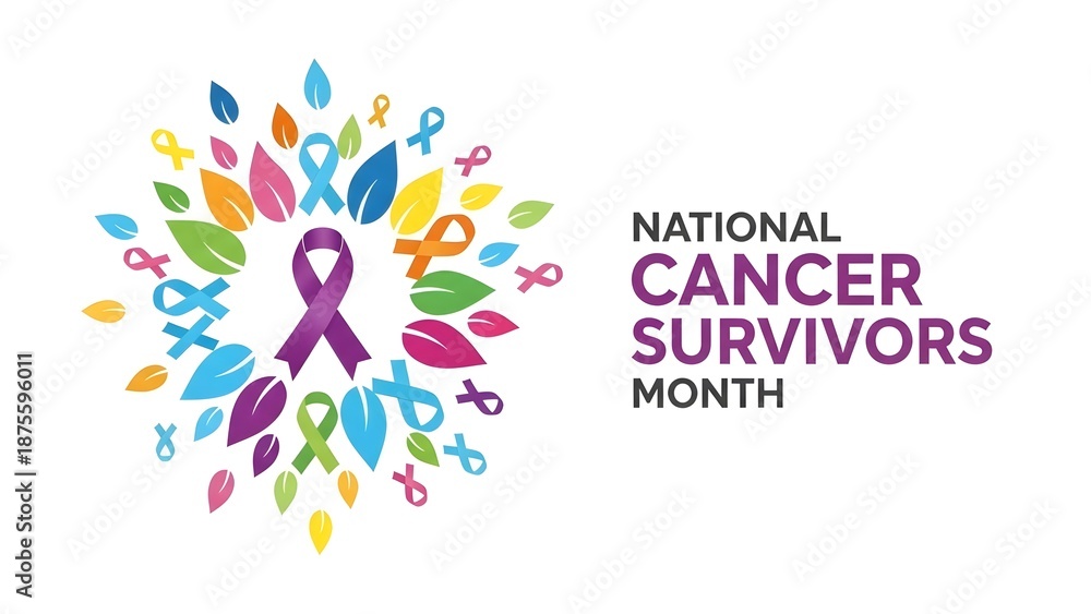 Fototapeta premium National cancer survivors month awareness illustration with colorful ribbons and floral elements