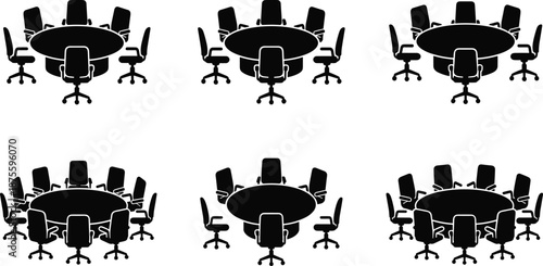 PrintBlack silhouettes of round conference tables with office chairs set, business meeting room furniture icons, corporate workspace vector illustration, isolated, office.