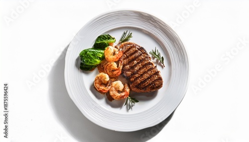 Grilled Steak Served With Shrimp And Garnish On A White Plate Viewed From Above