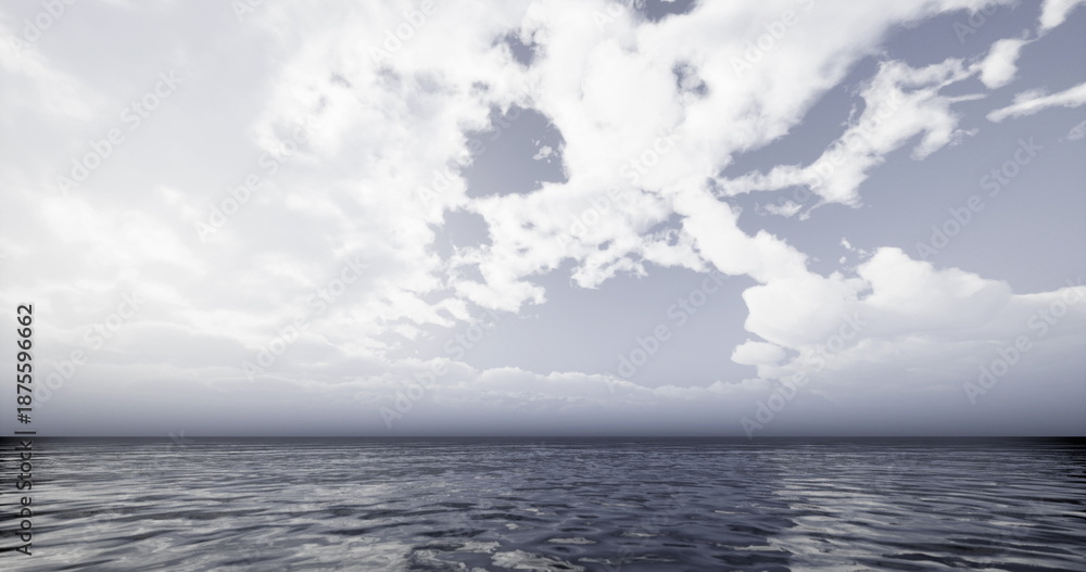 Obraz premium Calm open ocean under cloudy sky, soft waves reaching distant horizon, subtle reflections on water, cool monochrome palette, gentle breeze suggested by ripples,