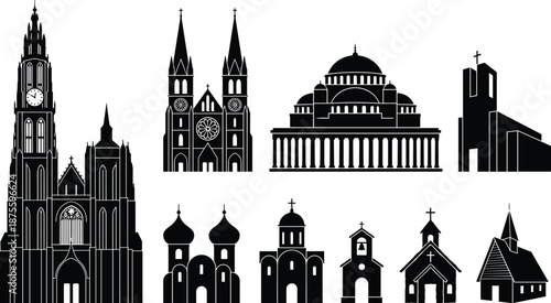 PrintChurch silhouette set featuring gothic cathedrals, chapel buildings, orthodox domes, and religious architecture icons for christian faith, history, and travel designs
