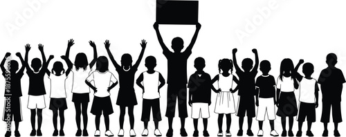 Silhouette of large group of children standing together, kids raising hands, boy holding blank sign, childhood community, diverse students, isolated,