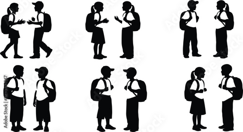 Black Silhouette Collection of Elementary School Children with Backpacks Talking and Walking for Primary Education Student Life Back to School and Childhood Friendship Concept