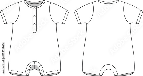 Baby romper bodysuit technical flat sketch front back view kids apparel design template vector illustration clothing manufacturing artwork