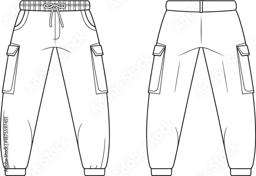 Men cargo jogger pants technical flat sketch front back view apparel design template vector illustration fashion clothing artwork manufacturing