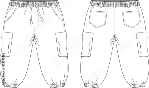 Men cargo jogger pants technical flat sketch front back view apparel design template vector illustration fashion clothing manufacturing artwork