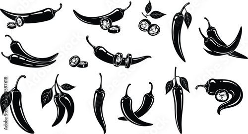 Collection of black and white chili pepper illustrations showing whole, sliced, and grouped peppers with leaves for culinary, agriculture, and design use