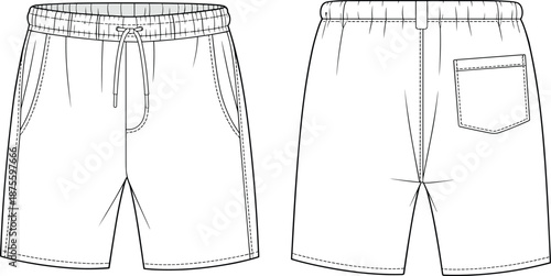 Men drawstring casual shorts technical flat sketch front back view apparel design template vector illustration fashion clothing manufacturing artwork