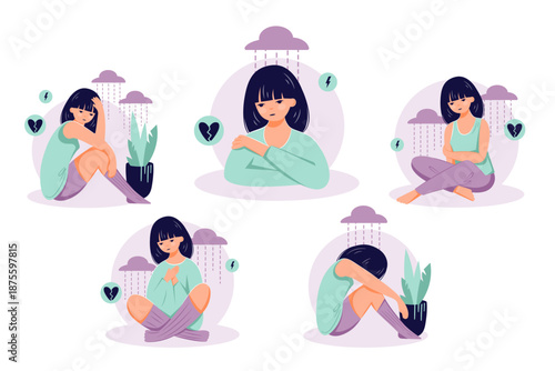 Depression concept. Mental illness female flat character vector illustration