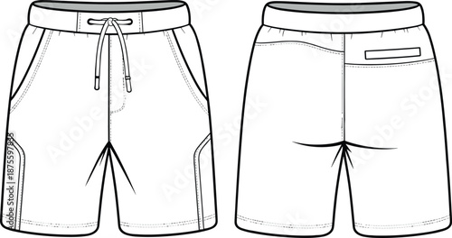 Men drawstring casual shorts technical flat sketch front back view apparel design template vector illustration fashion clothing artworks