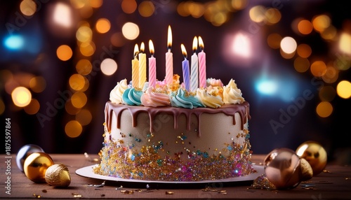Celebratory Birthday Cake With Festive Lights And Decorations