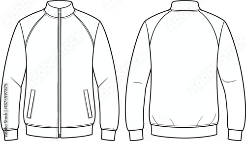 Men zip jacket technical flat sketch front back view apparel design template vector illustration fashion clothing manufacturing artwork